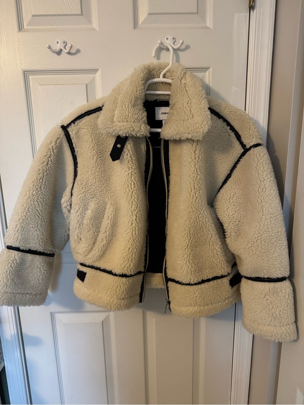 Cream Sherpa Jacket with Black Trim